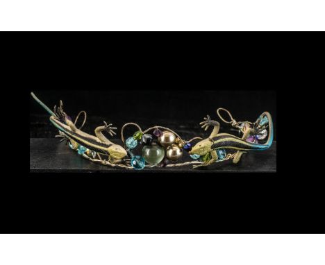 Decorative Jewelled Tiara/Headband, on a twisted wire band decorated with pearls and beads, with two model Salamanders. Unusu