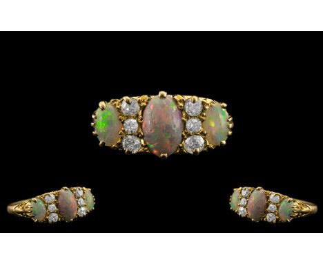 Edwardian Period Attractive and Superb Quality 18ct Gold Opal and Diamond Set Ring - Gallery Setting. The Three Oval Shaped O