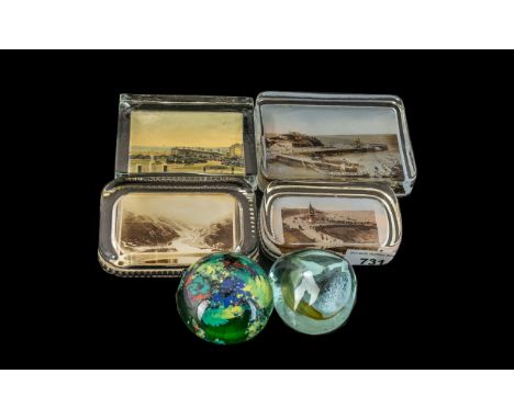 Collection of Paper Weights, comprising four antique oblong glass with inserted pictures - Thorpe Clouds, Seaside Pier Scene 