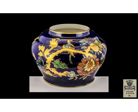 Masons - Ironstone Hand Painted Vase / Bowl, Decorated with Painted Enamel Images of Exotic Birds, Flowers and Fruit, on Rich