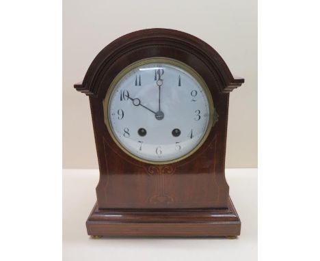 An Edwardian inlaid mahogany mantle clock, 30cm tall, case and dial good, running and strikes 