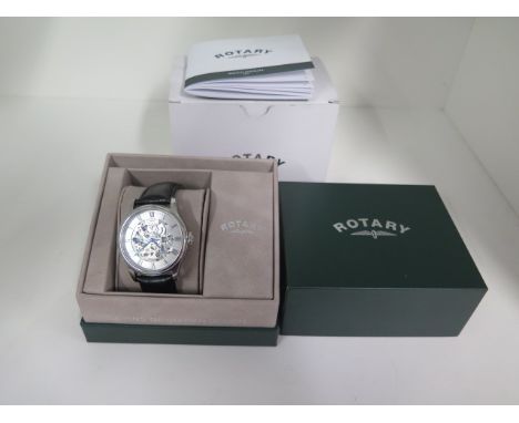 A Rotary stainless steel skeleton automatic gents wristwatch with 42mm case on black leather strap, in good condition, runnin