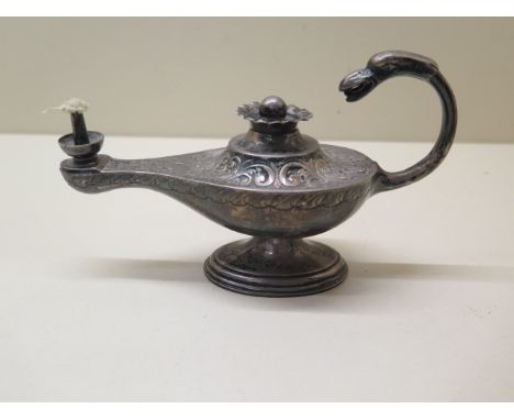 A silver Alladins lamp table lighter Birmingham 1901/02, Synyer &amp; Beddoes, 15cm long, approx 3.5 troy oz, in generally go