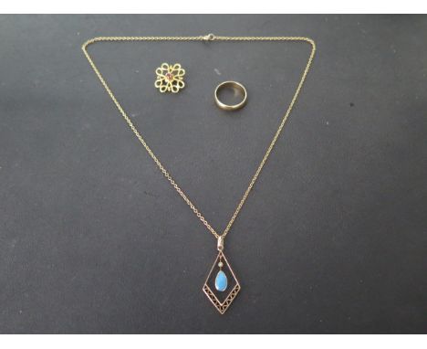 A 9ct necklace and pendant, a 9ct band ring size J/K, and a 9ct brooch 16mm wide, total weight approx 6.3 grams 