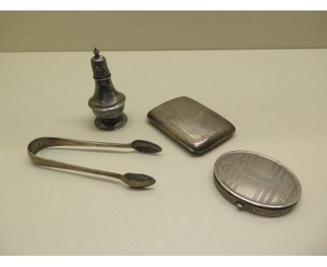 A sterling silver compact, a pair of silver sugar tongs, a silver cigarette case and a silver pepper 8.5cm tall, total weight