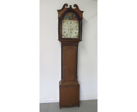 An early 19th century Longcase clock, B.S. Russel of Selkirk, 8 day movement, 13" dial with floral to corners below a scene o