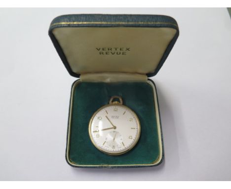 A 9ct yellow gold Vertex Revue pocket watch 45mm case in good condition, running, some scratches to case but with box, total 