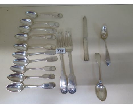 Assorted silver flatware including a filled knife, total approx 13.8 troy oz 