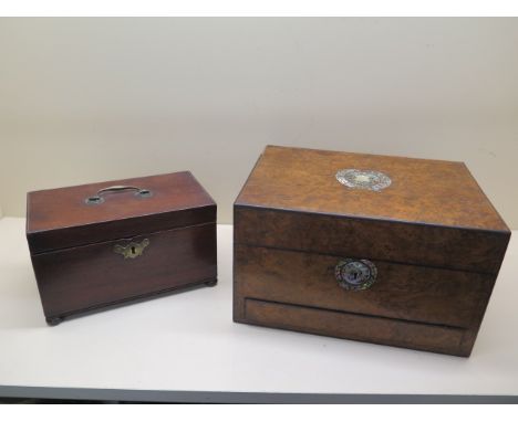 A Georgian mahogany tea caddy 24cm wide and a Victorian walnut travel box, 31cm wide, both with some losses- an ideal restora