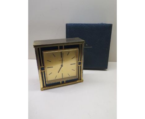 A Jaeger-LeCoultre brass and blue panel spring driven mantle clock, 16cm x 16cm square, working, top plates loose but with bo