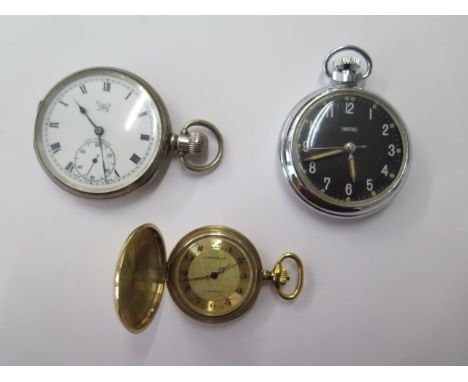 A silver limit no 2 pocket watch, a Smith black dial pocket watch and a caravelle plated pocket watch, all working 