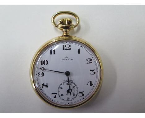 A Helvetia gold plated top wind pocket watch 50mm case, small crack to glass, running, hands advance 