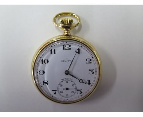 A Helvetia gold plated top wind pocket watch 50mm case, in good condition, running, hands advance 