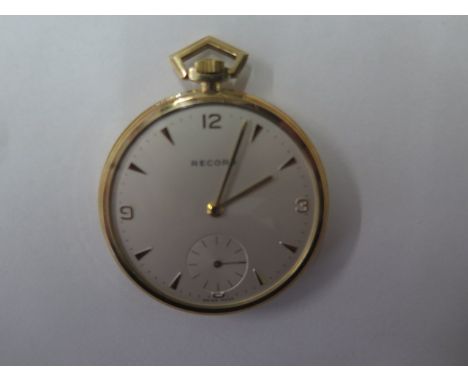 A 9ct yellow gold top wind Record pocket watch 45mm case in good condition, small dents to back of case, running and hands ad