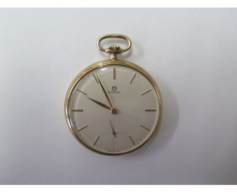 A 9ct yellow gold Omega top wind pocket watch 46mm case in good condition, running and hands advance, approx 68 grams 