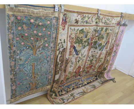 A classical design needlepoint wall hanging, 140cm x 121cm, a machine tapestry and a needlepoint bell pull, 135cm long, all g