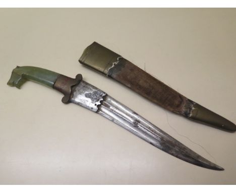 A carved jade tigers head handle dagger and sheath, length of jade 8.5cm, overall size 34.5cm, small base chip to jade, sheat