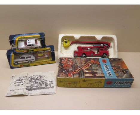 A Corgi Ford Cortina police car, a Corgi Range Rover Ambulance and a Corgi Simon Snorkel fire engine 1127, all boxed, boxes h