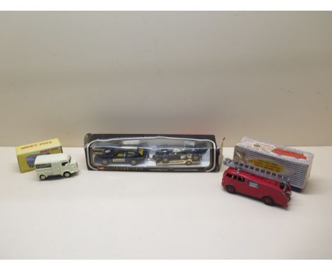 A Corgi gift set 32, a Dinky fire engine 955 and a Dinky Atlas Edition 2CV Citroen 1200K with box, play wear to engine some w