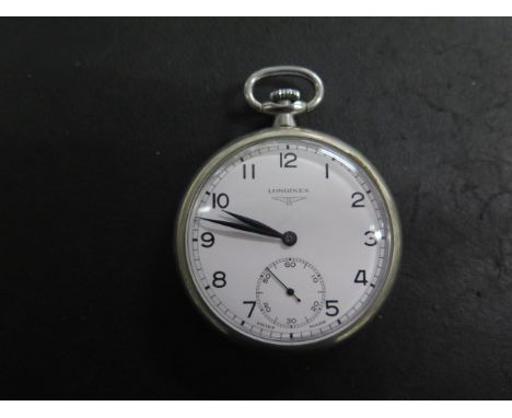 A Longines top wind pocket watch, 4.6cm case, 37.93. 8592961 movement in running order, hands advance, fine cracks to dial, s