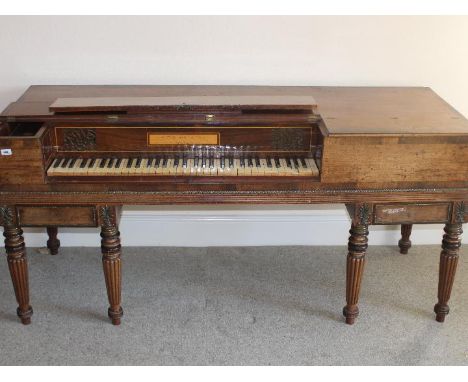 A John Broadwood And Sons square piano, with inlaid decoration and brass mounts, raised on fluted supports, approximately 79 