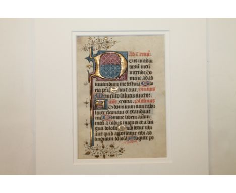 PRAYER BOOK.  MANUSCRIPT LEAF on vellum, 7½" x 5½", 16 lines of text on each side, a FINE FIVE LINE INITIAL D in gold with bl