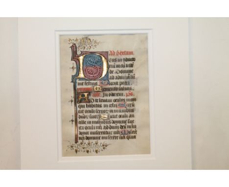PRAYER BOOK.  MANUSCRIPT LEAF on vellum, 7½" x 5½", 16 lines of text on each side, FINE FIVE LINE INITIAL D in gold with blue