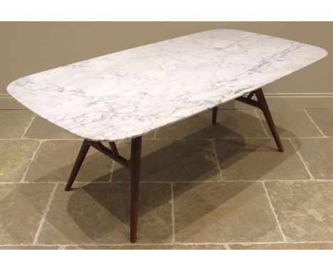 A Heals 'Anais' walnut and Carrara marble contemporary dining table, early 21st century, the rectangular marble top with roun