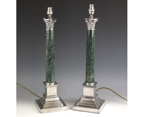 A pair of silver plate mounted green marble table lamps, 20th century, the tapering marble column form with Corinthian capita