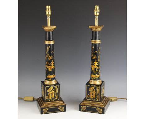 A pair of Japanned lacquered wooden table lamps, 20th century, each modelled as a tapering doric column, decorated with figur