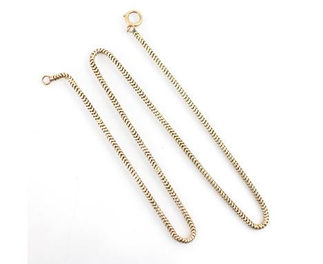 A yellow metal snake link chain, with bolt ring fastening, 41.5cm long, 7gms 