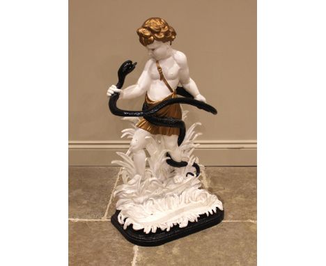 A Victorian cast iron figural stick/hall stand, modelled as Hercules wrestling a serpent upon a foliate base, the removable d