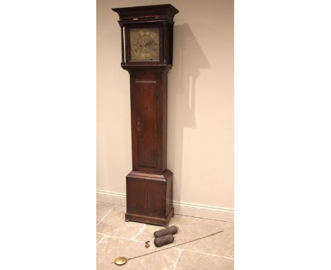 A George III oak cased eight day longcase clock, signed Thomas Morgan, Leominster, the 28cm square brass dial with crescent d