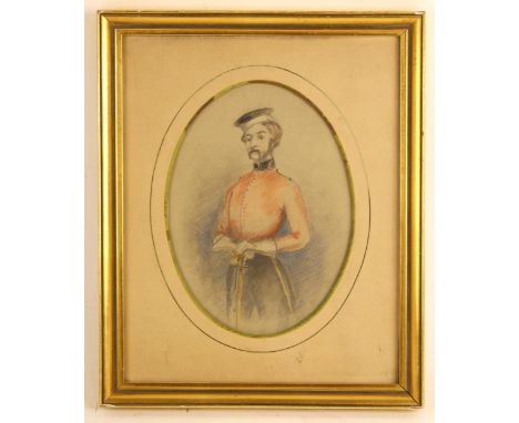 English school (20th century),A three quarter length portrait of a military officer,Pencil on paper,Oval mounted,20cm x 14.5c