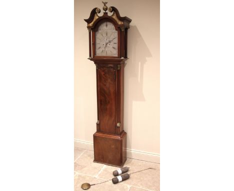 A Scottish George III mahogany cased eight day longcase clock, signed David Hill, Edinburgh, the hood with a twin swan neck p