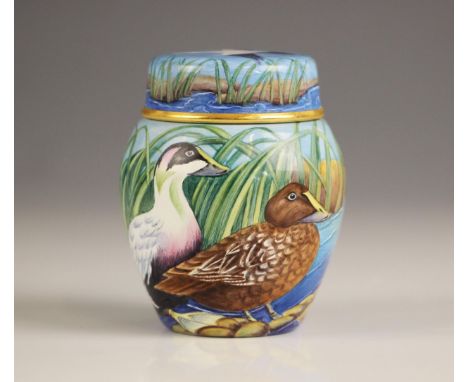 A Moorcroft limited edition enamel jar and cover, in the 'Eider Duck' pattern, numbered 35/75, with certificate signed by Nig