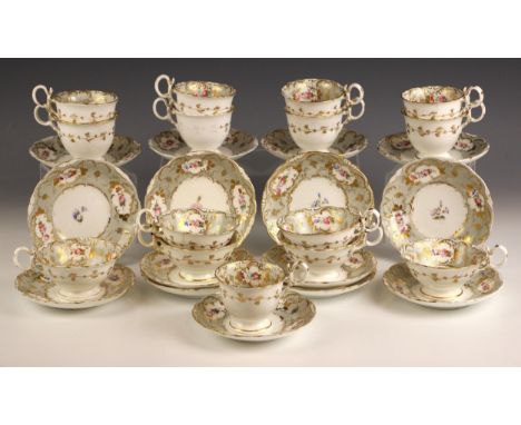 An English porcelain part tea service, 19th century, decorated in the manner of Rockingham, comprising: eight coffee cups, si