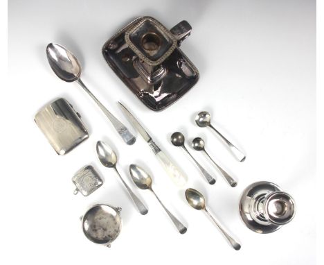 A selection of silver and silver coloured items, including a George V silver cigarette case, Joseph Gloster Ltd, Birmingham 1