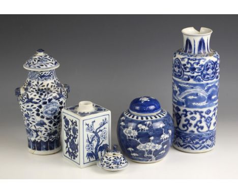 A selection of Chinese blue and white porcelain, 18th century and later, comprising; an 18th century rouleau vase, decorated 