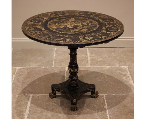 A black lacquered chinoiserie pedestal table, late 19th/early 20th century, signed 'Charles Elson' to the table top, the cent