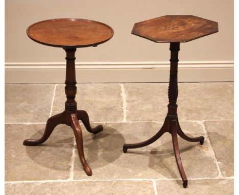 A Regency rosewood wine/lamp table, the octagonal top with applied brass rim, upon a slender ring turned and wrythen column, 