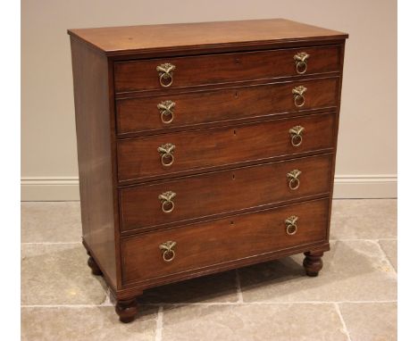 A late George III mahogany straight front secretaire chest of drawers, the rectangular top with a reeded edge over a fall fro