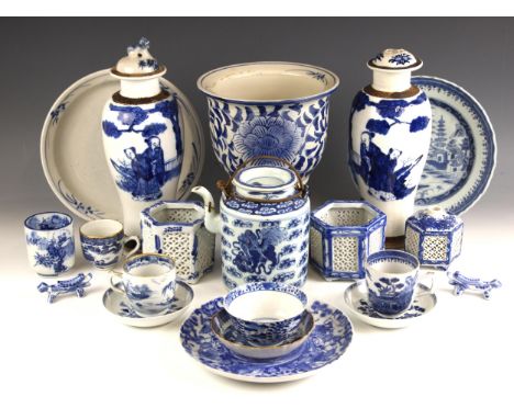 A collection of Chinese porcelain blue and white porcelain, to include a pair of Qianlong saucer dishes, 12cm diameter, two Q