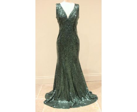 A Goddiva green sequin evening dress, the V-neck neck line leading to a fishtail train, zip fastening, maker's label to inter