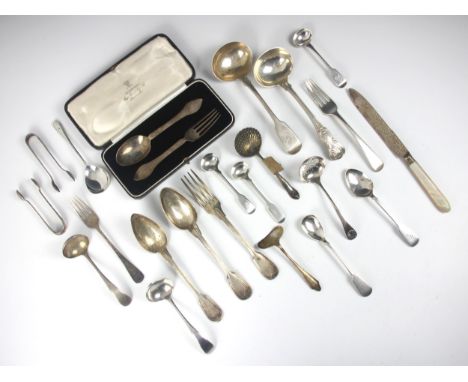 A selection of silver and white metal flatware, including a George V silver christening set, Page Keen and Page, London 1938,