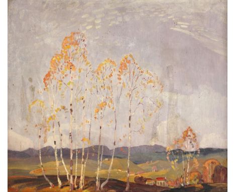 Graham Noble Norwell (Canadian, 1901-1967),Silver birches in a hilly autumnal landscape,Oil on board,Signed lower left,38cm x