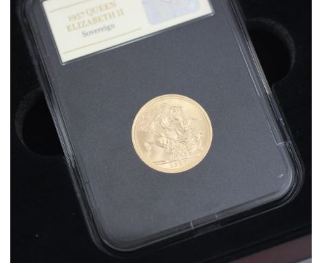 A Queen Elizabeth II full sovereign, dated 1957, within presentation boxPossibly for the first mass production of sovereigns 