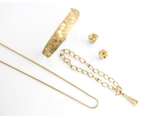 A selection of yellow metal and gold coloured jewellery, including a 9ct snake link necklace, stamped to bolt ring clasp, a y