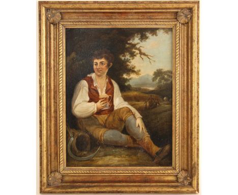 English school (19th century),Portrait of a farm labourer with beer and sickle,Oil on panel,Unsigned,31cm x 24cm,Framed