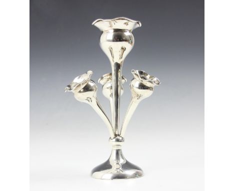 A George V silver epergne, Joseph Gloster Ltd, Birmingham 1911, the central vase with fluted rim above three further conformi